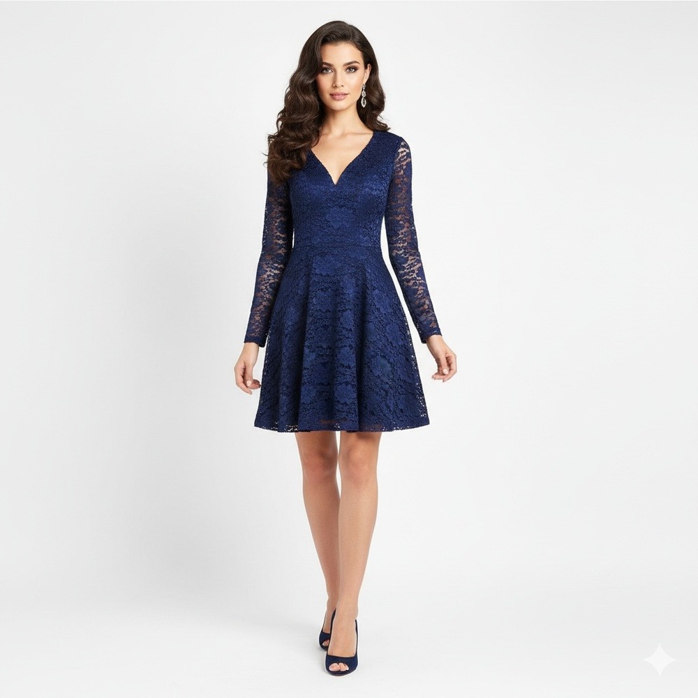 Trixxi Dress Womens XS Blue V Neck Lace Overlay Keyhole Back Cocktail Night Out